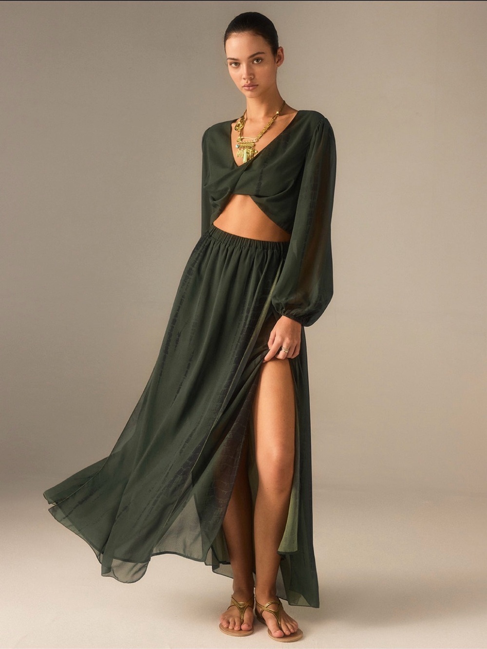 COMMENSE Chiffon Crop Top Slit Maxi Skirt Set Green S NWT $59